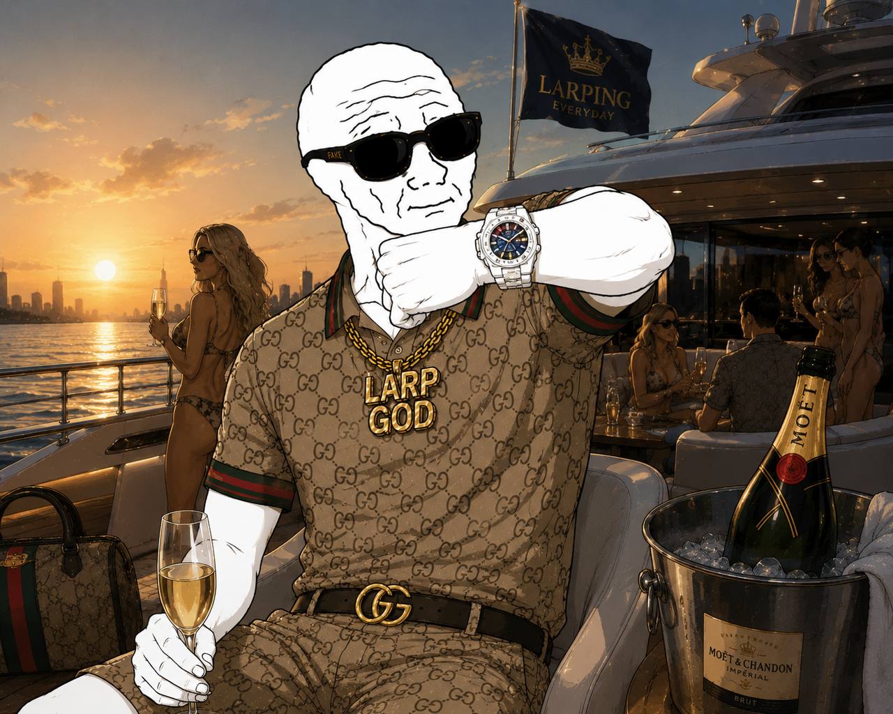 LARPGOD on a yacht at sunset with champagne.